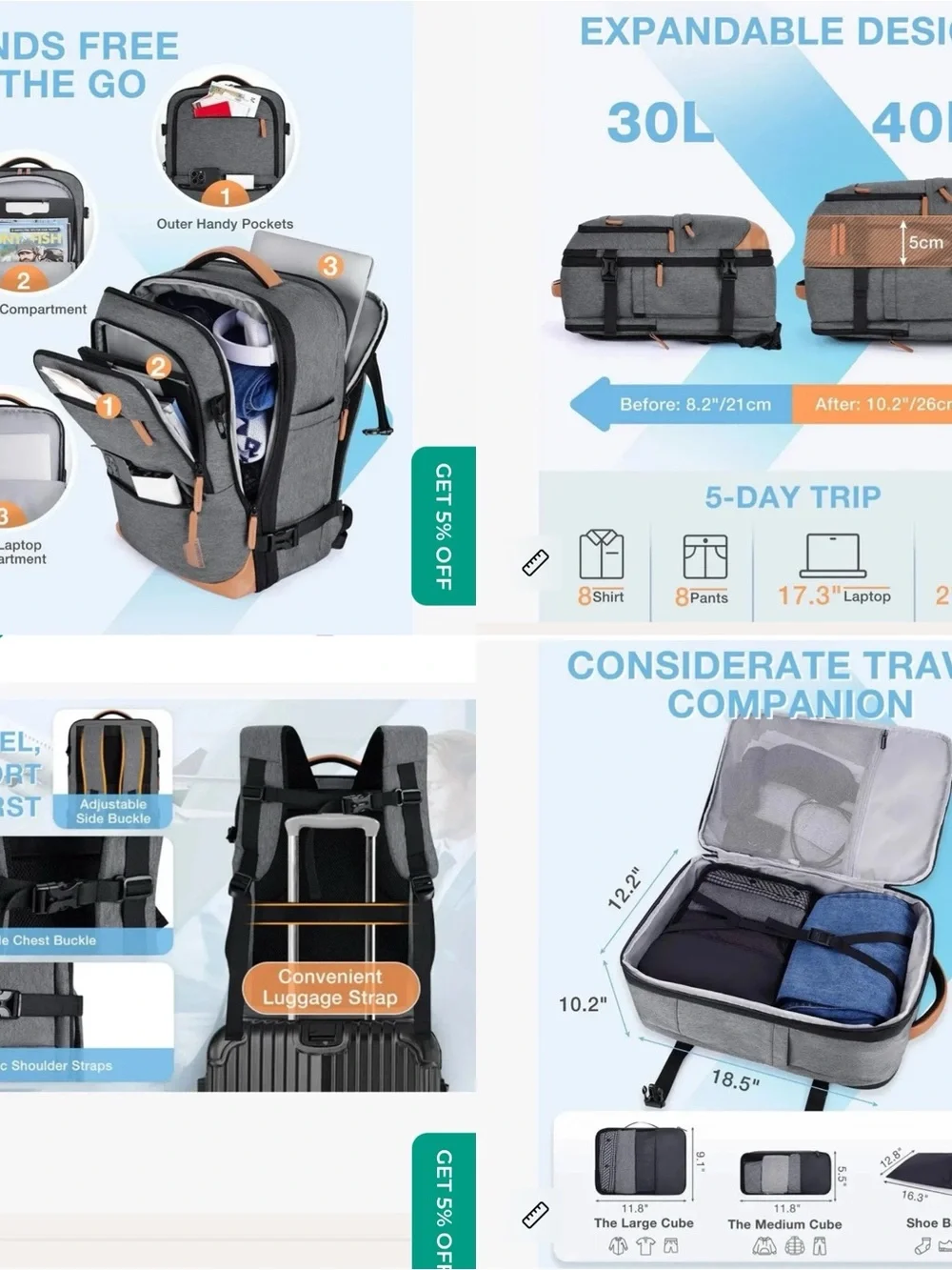 Bagsmart Falco 40L Expandable Airline Approved Carry On Travel Backpack